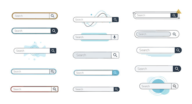 Comprehensive collection of search bar user interface elements in various styles and colors for website design projects.