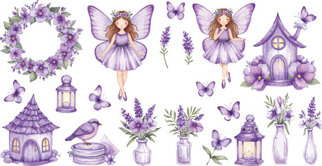 Naklejka premium Whimsical purple fairy garden scene with flowers butterflies and fantasy elements