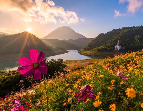 A picturesque scene, vibrant cosmos wildflowers frame a lake, a mountain peak, and church under a sunset's glow