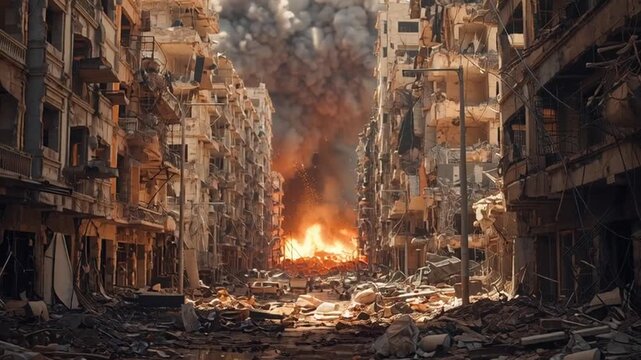 War torn city street destruction.