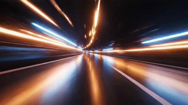 Night view of a curved asphalt highway with long exposure orange and blue neon light trails streaking across the frame, illustrating high speed motion, travel, and futuristic transport.