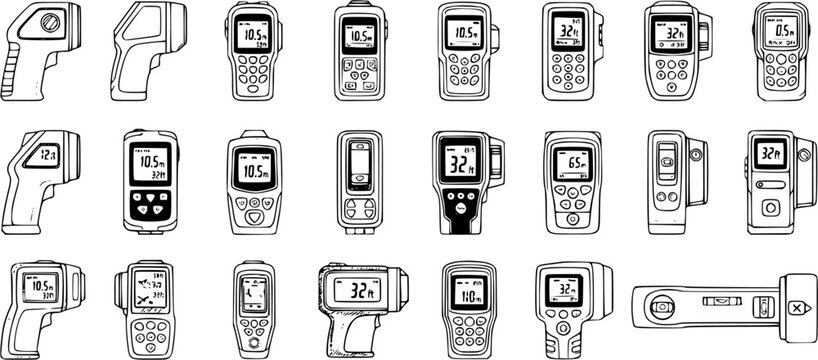 Handheld infrared thermometers and digital measuring devices line art vector set. Collection of temperature guns and various meters for industrial and medical use.