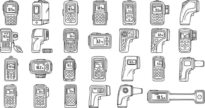 Vector outline illustration set of various digital infrared thermometers and thermal imaging cameras for temperature measurement and analysis