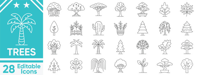 Naklejka premium Trees icon set. Forest, nature, botanical, oak, palm,foliage elements, botanical and more plant outline vector illustration.