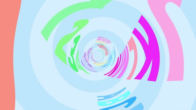 渦巻のトンネルにカラフルな文字が流れるポップな背景、4K画質のループ素材