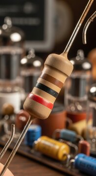 Close-up of a resistor with color bands, electronic component.