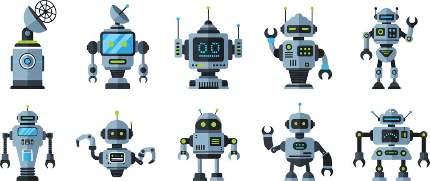 Futuristic Robot Cartoon Set with Industrial AI Machines, Mechanical Bots, and Tech Characters for Sci-Fi Illustration and Game Design