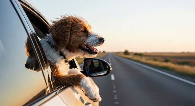 Fluffy dog enjoys the wind while riding in a car on a road at sunset