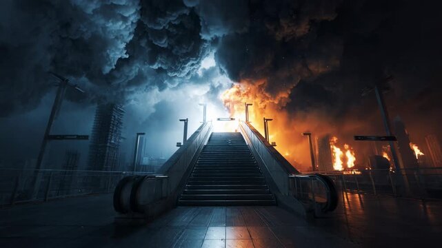 Burning city skyline with heavy smoke and fire seen from metal staircase. Apocalyptic urban disaster scene. Concept of war and destruction in metropolitan area.