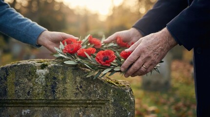 Obraz premium Wreath, a red poppy flower garland, placed onto ancient mossy headstone by respectful human hand, symbolizing solemn remembrance, honoring sacrifice, promoting reconciliation, fostering global peace.