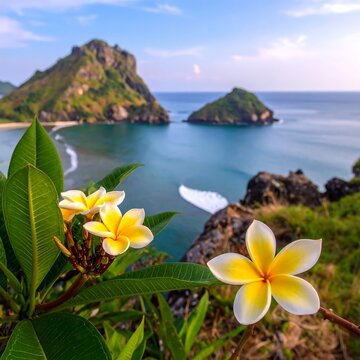 A picturesque seaside scene showcases vibrant flora in the foreground, with distant islands and a tranquil bay under a bright sky