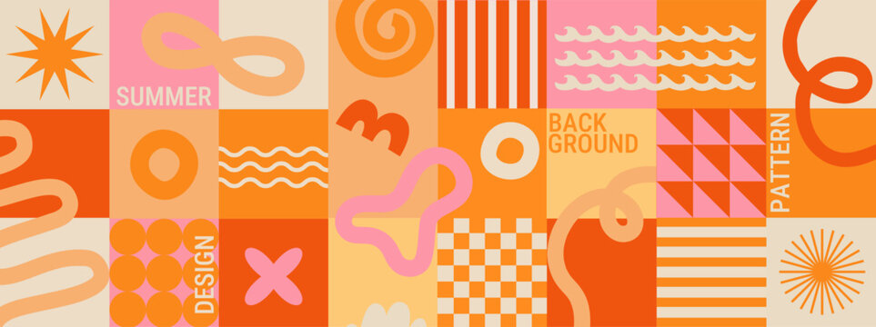 Horizontal summer geometric background with fun hand drawn doodle shapes and squiggles in childish style. Hot poster with colorful drawings and collage elements. Vector illustration.
