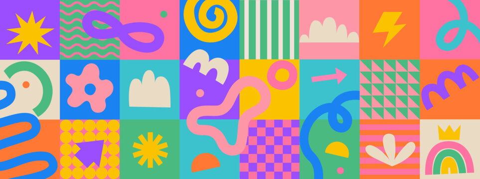 Horizontal kids background with fun hand drawn doodle shapes and squiggles in childish style on geometric background. Colorful drawings, collage elements. Childish design for design and print. Vector