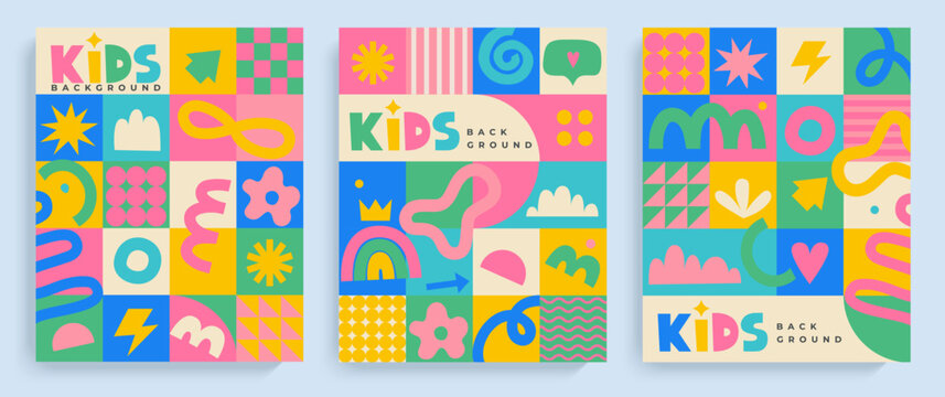 Set of kids geometric flyers, fun hand drawn doodle shapes and squiggles in childish style. Colorful drawings, bright design for web, design, packaging, label, advertise, wallpaper and print. Vector