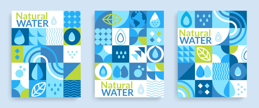 Set flyers for natural water,geometric background in flat style. Geometry minimalistic water drops,simple shapes of wave,green leaf,drop.Great for banner,web poster,template,cover design, label.Vector