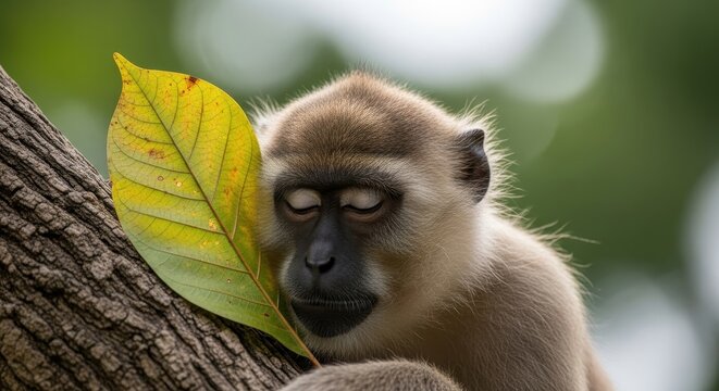Close-up of a sleeping vervet monkey resting on a tree branch with a vibrant yellow leaf.