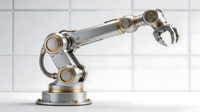 Silver and gold robotic arm with gripper