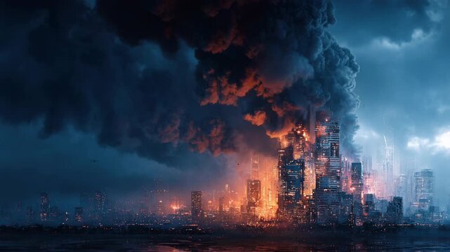 Skyscraper burning in modern city. Tall building explosion during war. Dark smoke billowing over urban skyline. Catastrophic destruction and fire in metropolis.