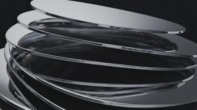 Abstract stack of smooth metallic surfaces with iridescent light reflections and elegant curved design elements