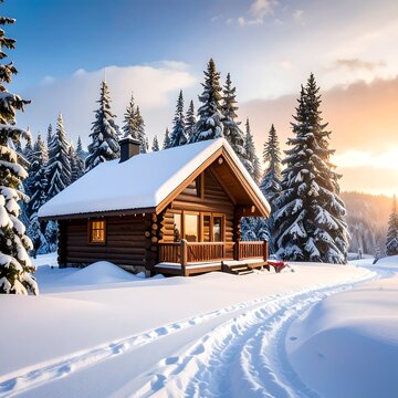 A picturesque snow-covered cabin nestled amidst a forest. Sunlight illuminates the scene, casting a warm glow. Snowy paths lead to the dwelling