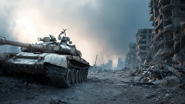 Armored tank abandoned in ruins of a destroyed city. Military combat vehicle positioned on devastated street. Concept of war, conflict, destruction and aftermath.