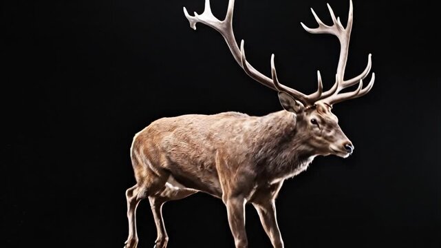 A large male red deer stag with impressive multi-pointed antlers jumping into the air against a solid black background, showcasing powerful hind legs and muscular body.