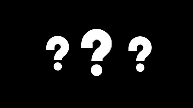 Why question mark animated, futuristic footage representing inquiry and uncertainty, loopable 3D style on black screen background, confused effect raining question mark, 4k.