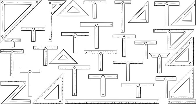 Hand-drawn collection of drafting and measuring tools: T-squares, set squares (triangles), and rulers. Line art illustration for architects and designers.