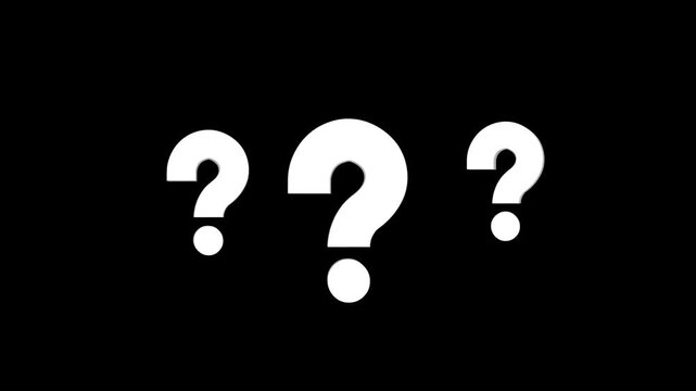 Futuristic footage representing inquiry and uncertainty, why question mark animated, loopable 3D style on black screen background, confused effect raining question mark, 4k.