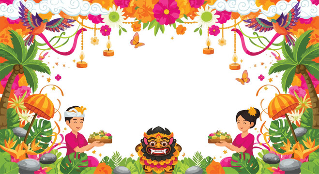 Balinese dancers holding offerings with barong mask in tropical garden decorated with umbrellas and hibiscus flowers border frame.