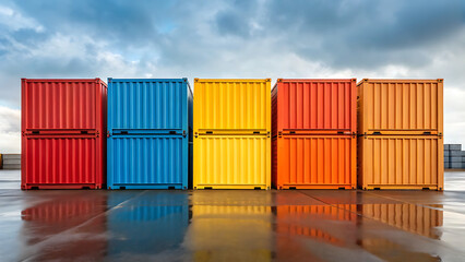 Fototapeta premium Row of brightly colored shipping containers on reflective wet surface under cloudy sky