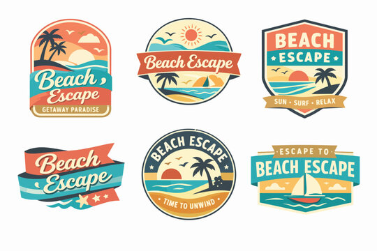 Beach escape emblems, vintage labels featuring tropical paradise themes, summer vacation travel badges and retro seaside logos