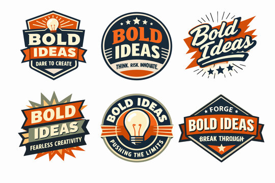 Bold ideas creativity concepts with light bulb and typography design set, inspirational badge collection for innovation and breakthroughs