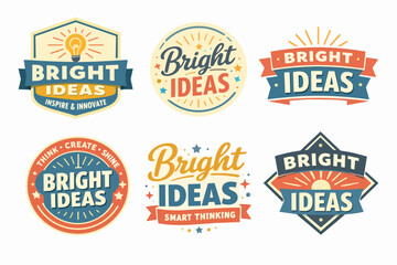 Obraz premium Collection of bright ideas badges with light bulbs and retro inspiring text, promoting innovation and smart thinking