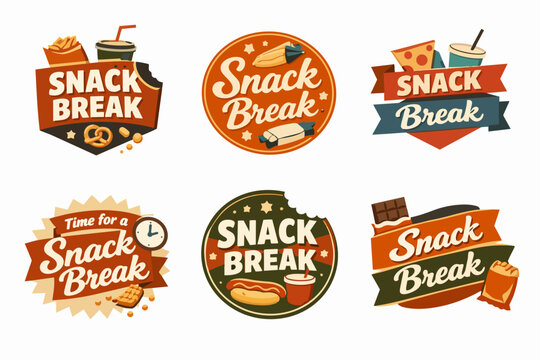 Retro snack break logos collection featuring vintage badges with fast food icons and colorful graphic design elements