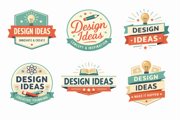Obraz premium Creative design ideas collection featuring light bulb, pen, book symbols and retro badges for innovation concepts