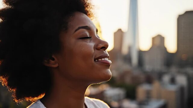 Young African American Woman Enjoying Golden Hour Sunset on City Rooftop.