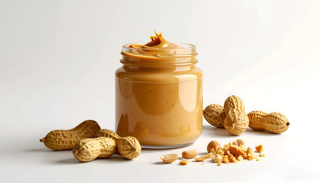 A glass jar filled with smooth, creamy peanut butter, surrounded by shelled and unshelled peanuts