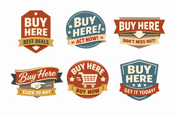 Obraz premium Vector collection of six vintage buy here labels, badges, and banners promoting special discounts and purchase opportunities