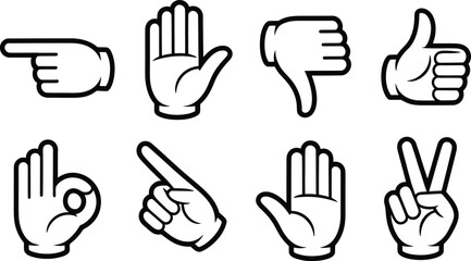 Fototapeta premium Collection of eight distinct hand gesture in a bold black and white outline style