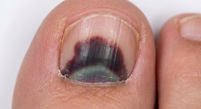 Subungual hematoma bruised big toenail macro shot