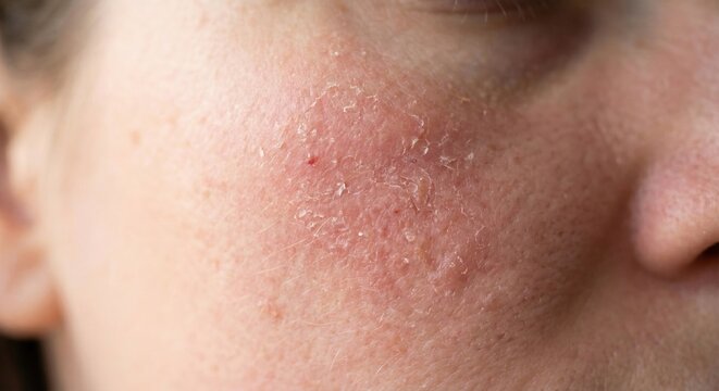 Close up of flaky red skin irritation on cheekbone