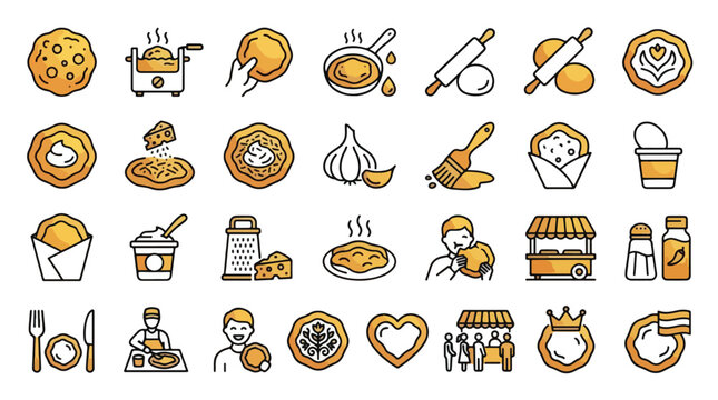 Langos Street Food Icon Set in Linear Style. Collection of Dough Linear Icons, including garlic, cheese, sour cream, stall, grater, rolling pin, cooking, eating, salt, and more. Vector Graphic.