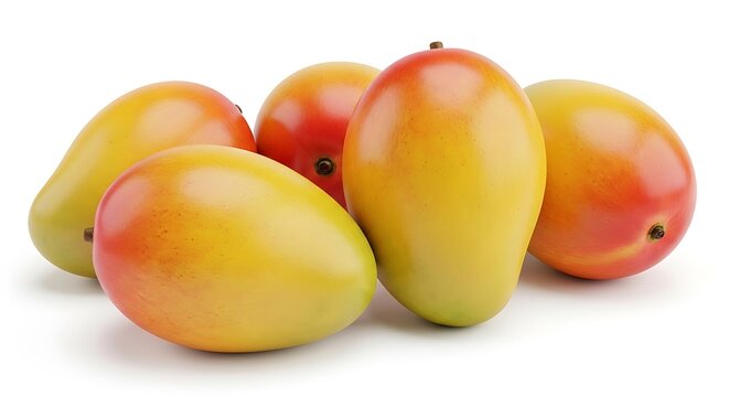 Group of five fresh ripe mangoes with vibrant red and yellow skins isolated on white. ataulfo mango