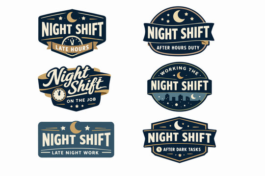 Night shift emblems presenting concepts of late hours, after dark labor, working on the job, and after-hours duty