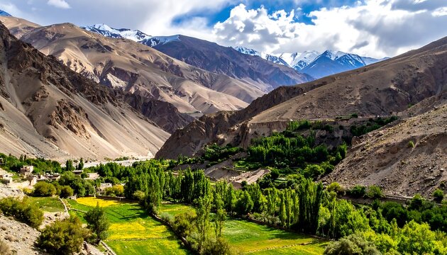 A picturesque valley nestled amidst towering mountains, featuring lush green fields, trees, and a small settlement under a cloudy sky