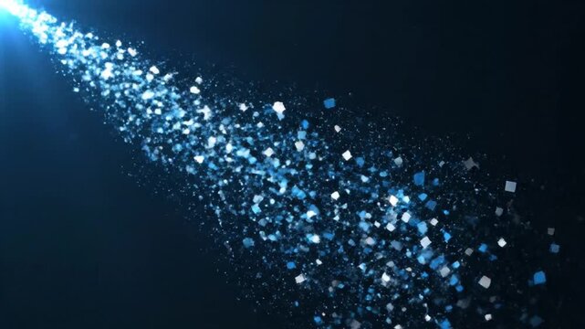 Diagonal stream of luminous light blue and white square particles and small dots scattered against a dark background, emanating from the top left corner towards the center.