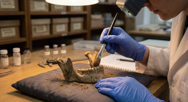 Forensic scientist cleaning human mandible in laboratory