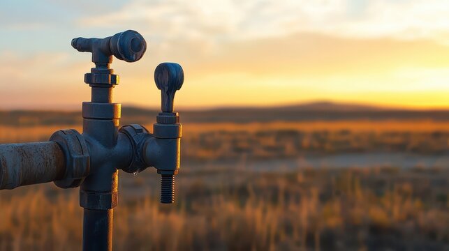 Close up of a water tap and pipes in an arid landscape at sunset, symbolizing water scarcity and conservation efforts