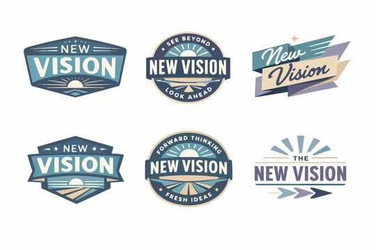 New vision logos collection featuring vintage style emblems and badges for forward-thinking, innovation, and fresh ideas